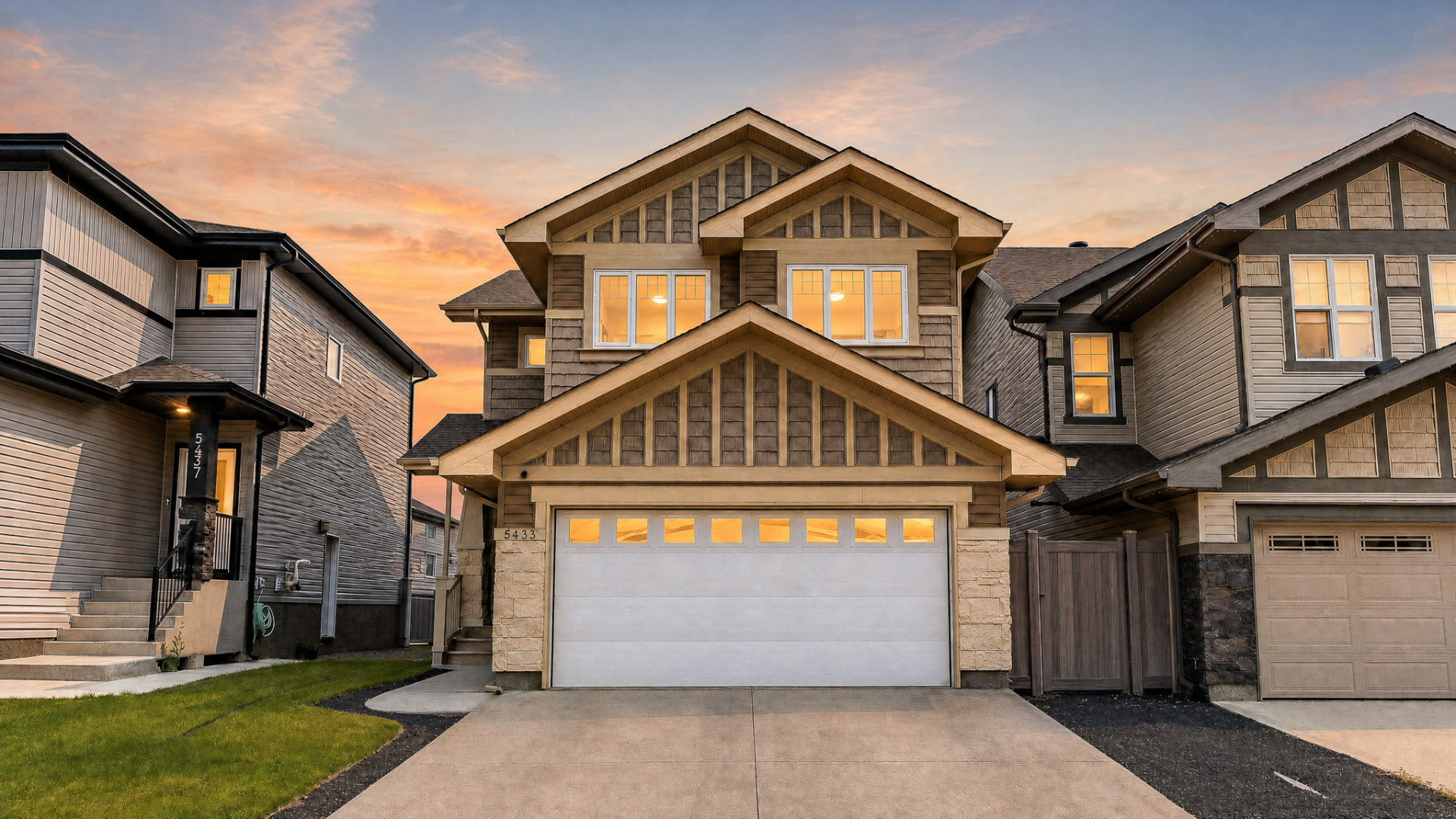 Twilight exterior of 5433 Green Alder Way